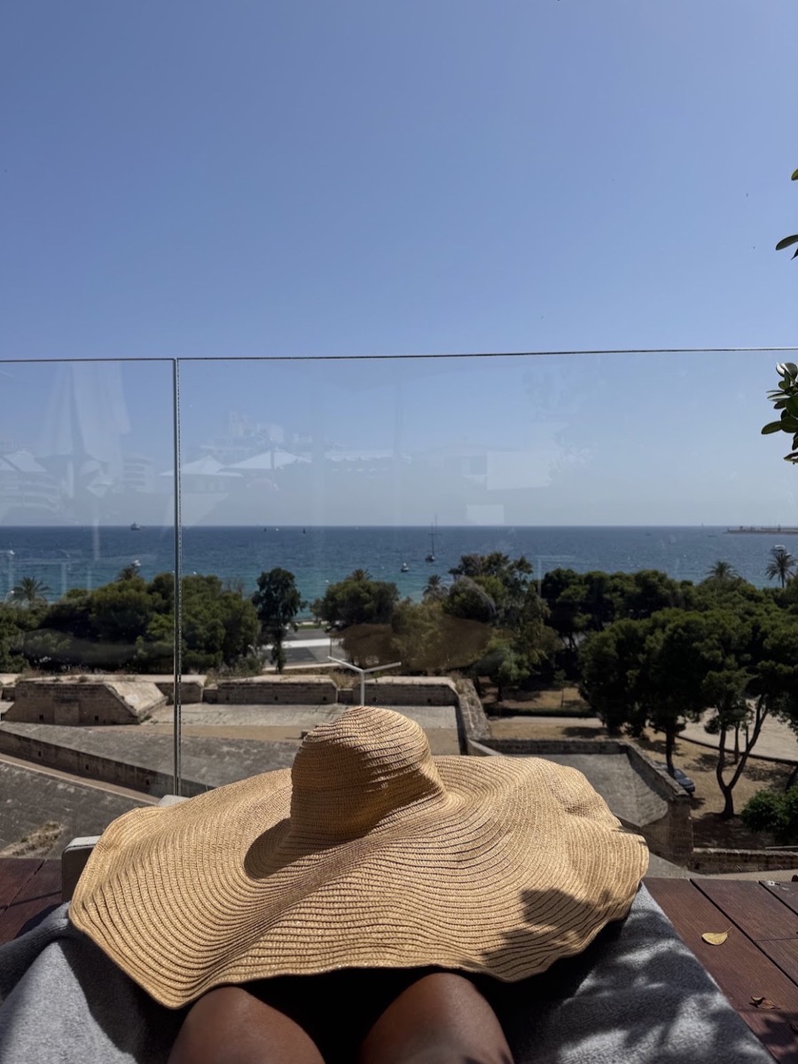 A wide straw sunhat overlooking the sea